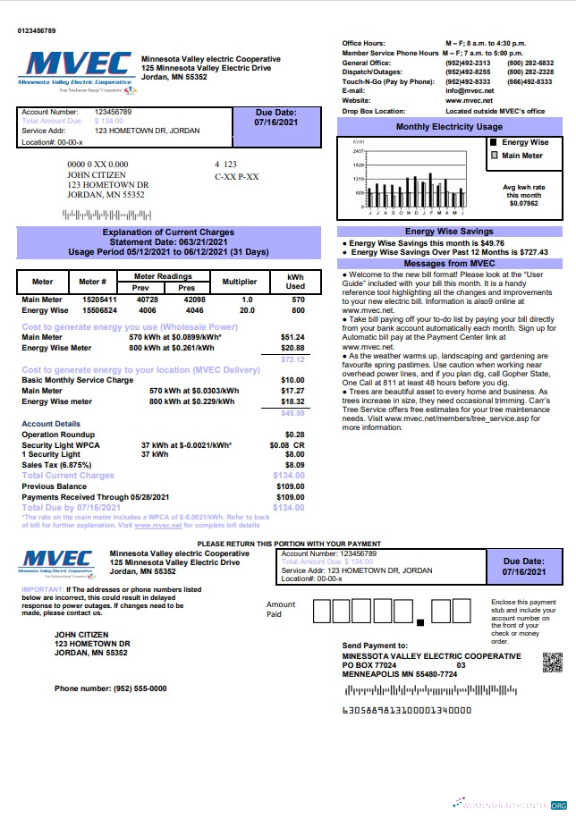 download USA Minnesota Valley Electric Cooperative (MVEC) utility bill template in Word and PDF format PDF template